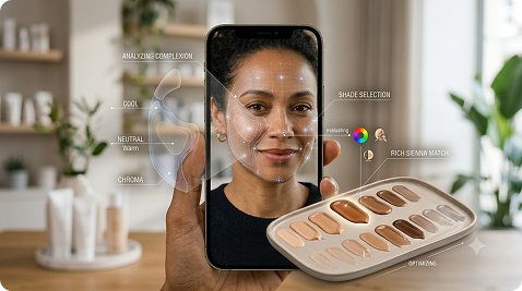 AR scan analyzing complexion and shade selection on a phone