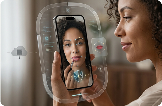 Customer using secure on-device AR face scan to try on lipstick