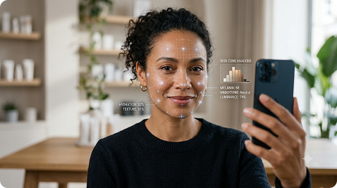 Real-time skin tone analysis overlay on a customer's face via phone